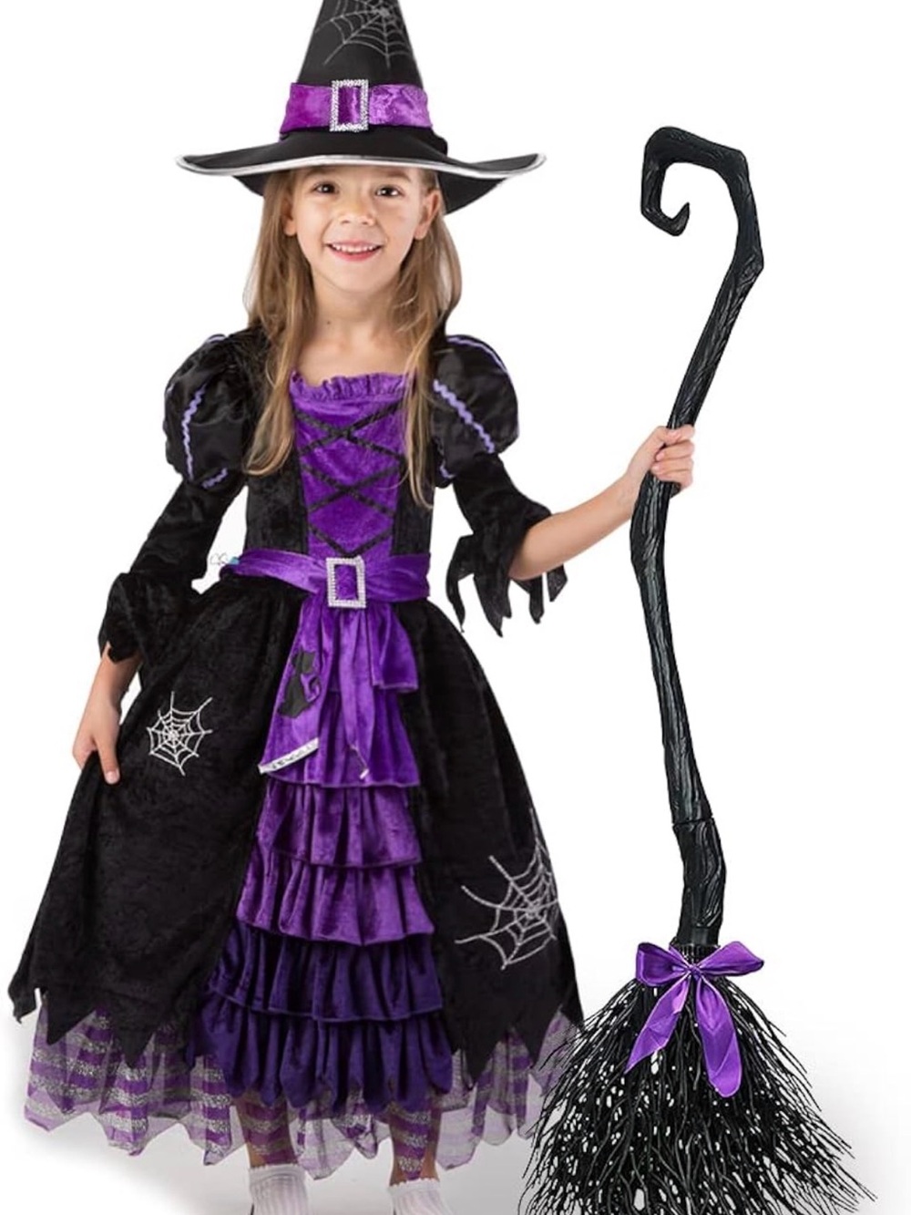 Girls Black and Purple Ruffled Witch Costume with Hat and Broom